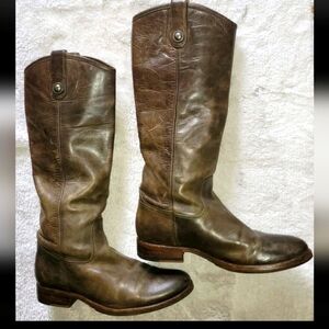 FRYE 3477172-SLT Melissa Button Riding Boots Green/ Brown Buttery Leather Sz 7 B
